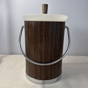 Kromex Mid Century Modern Ice Bucket Wood Grain Chrome Vintage 1960s USA